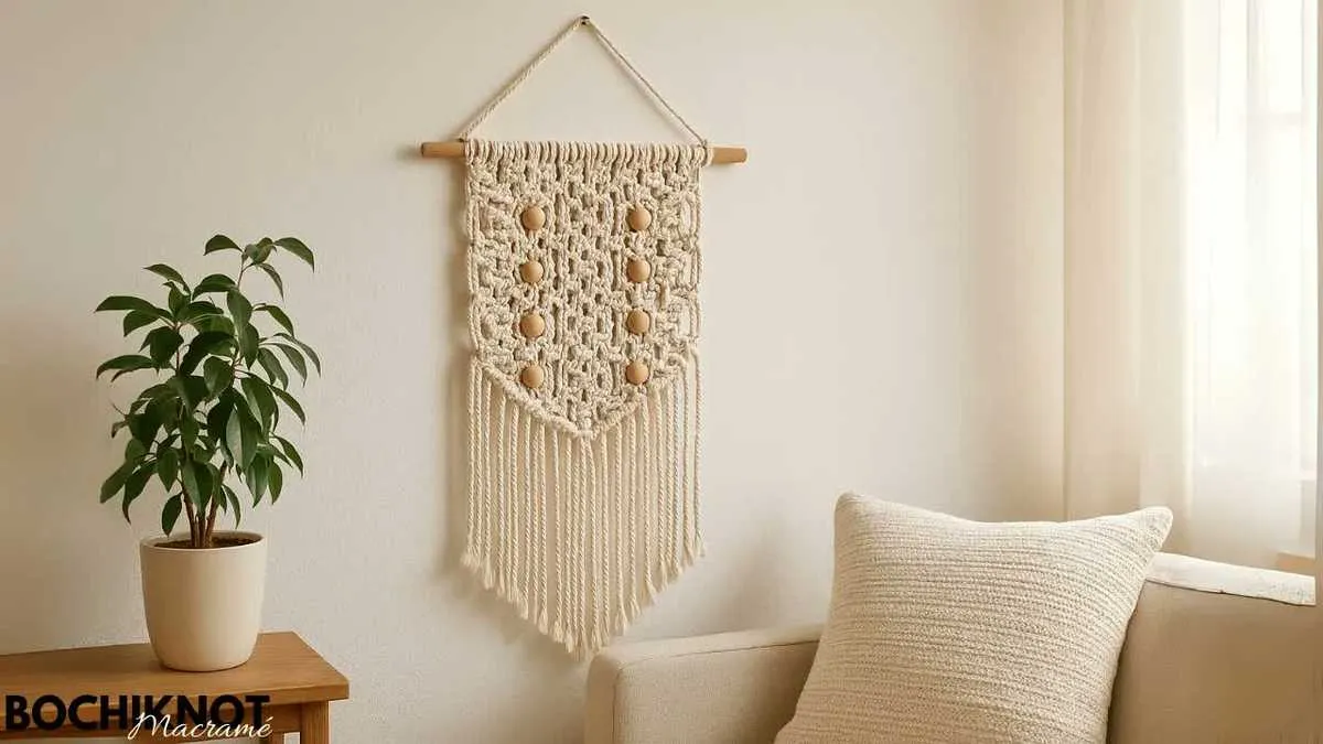 Completed macrame wall hanging with wooden beads displayed on a living room wall