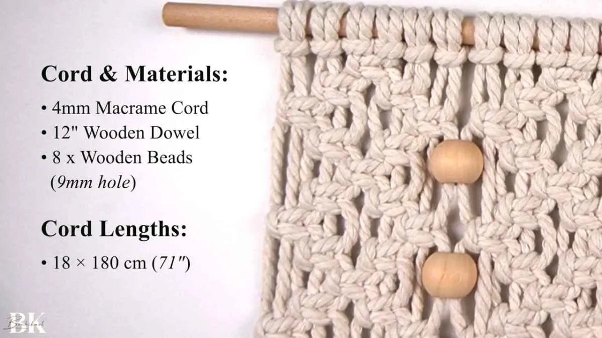 Macrame wall hanging materials list showing 4mm cord, 12 inch dowel, and wooden beads with cord lengths