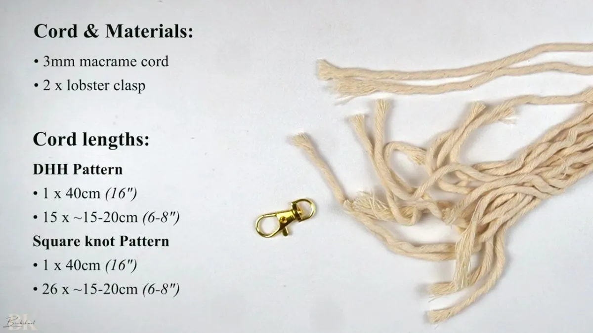 Macrame cord, lobster clasps, and cord length measurements for both feather patterns