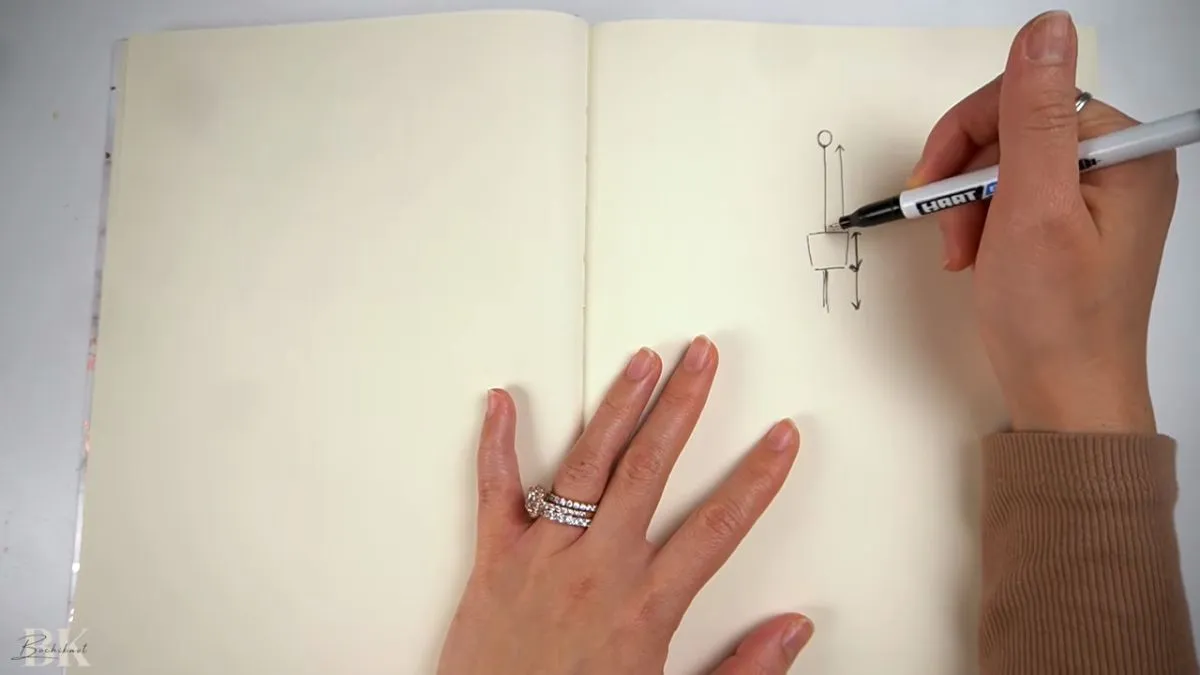 Sketching the two-section plant hanger diagram to plan macrame cord measurements